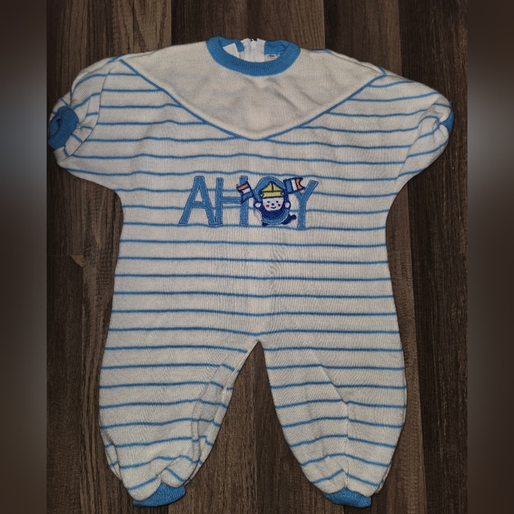 Vintage Ahoy Blue and White Striped Kids Footie